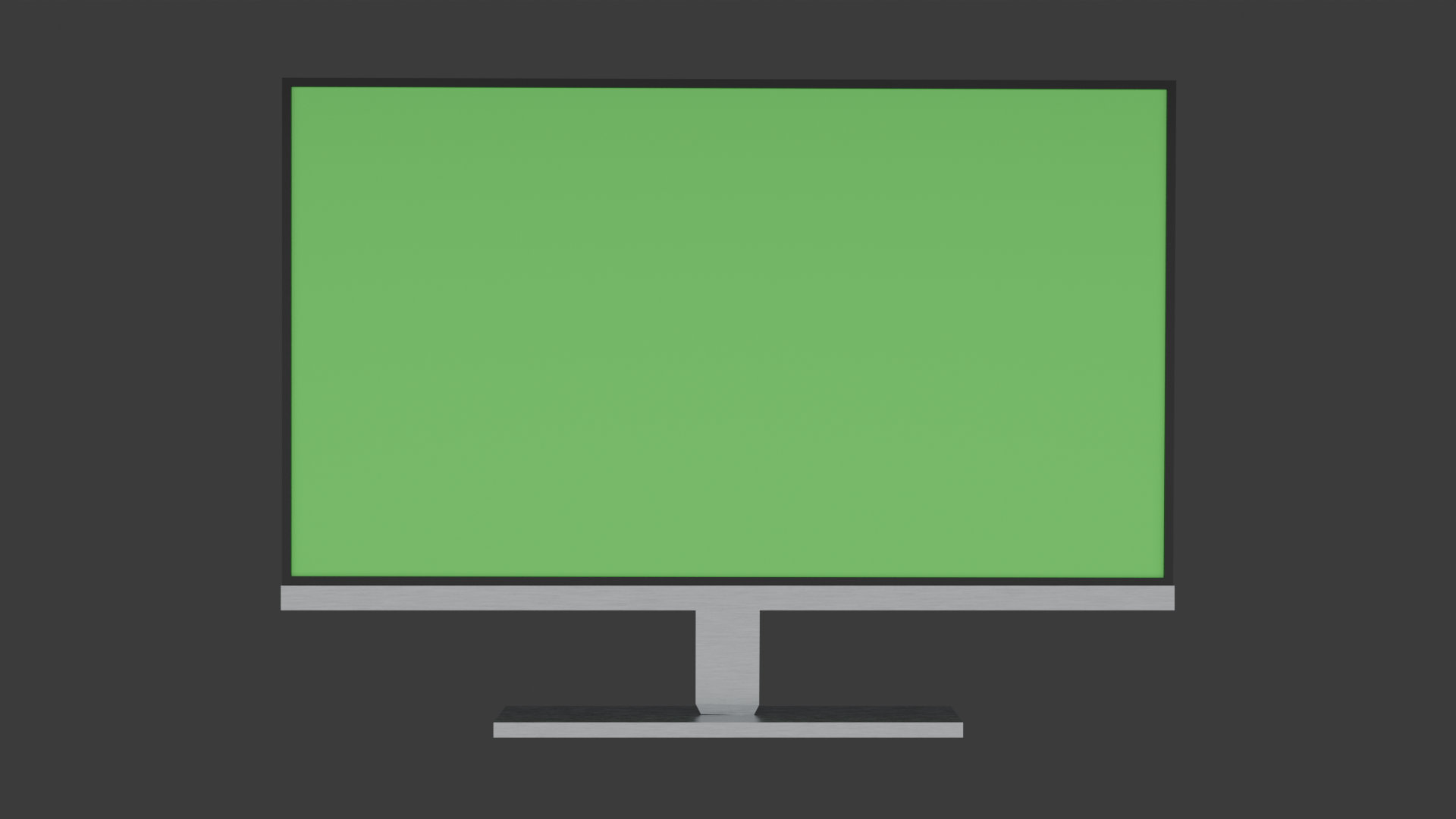 A 3D model of a computer monitor. It has a flat, green screen, with a wide bottom bezel. It is mounted to a thin rectangular stand that has a flat, rectangular base. It has a brushed aluminum texture.