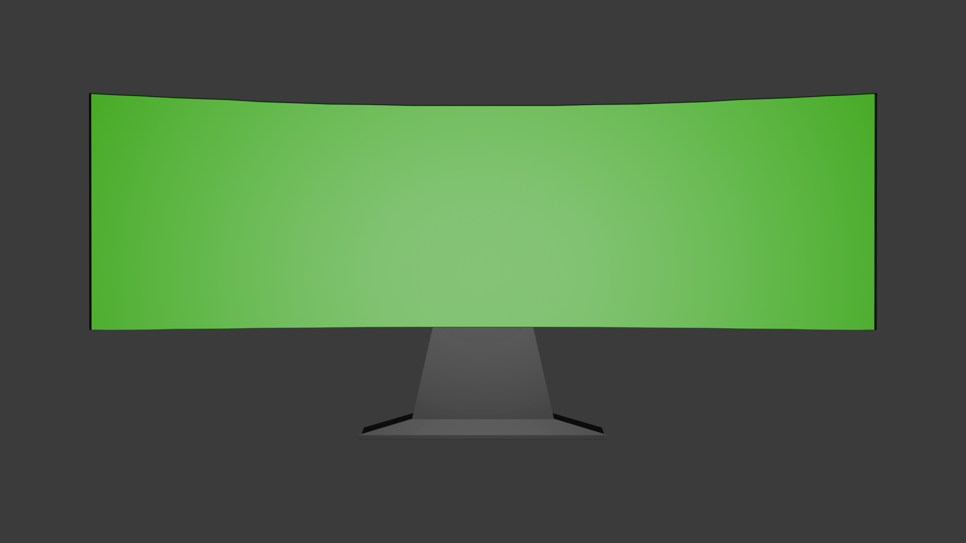 A 3D model of a computer monitor. It has a slightly curved, green screen. It is mounted to a trapazoid stand that has a slightly raised trapezoid base.