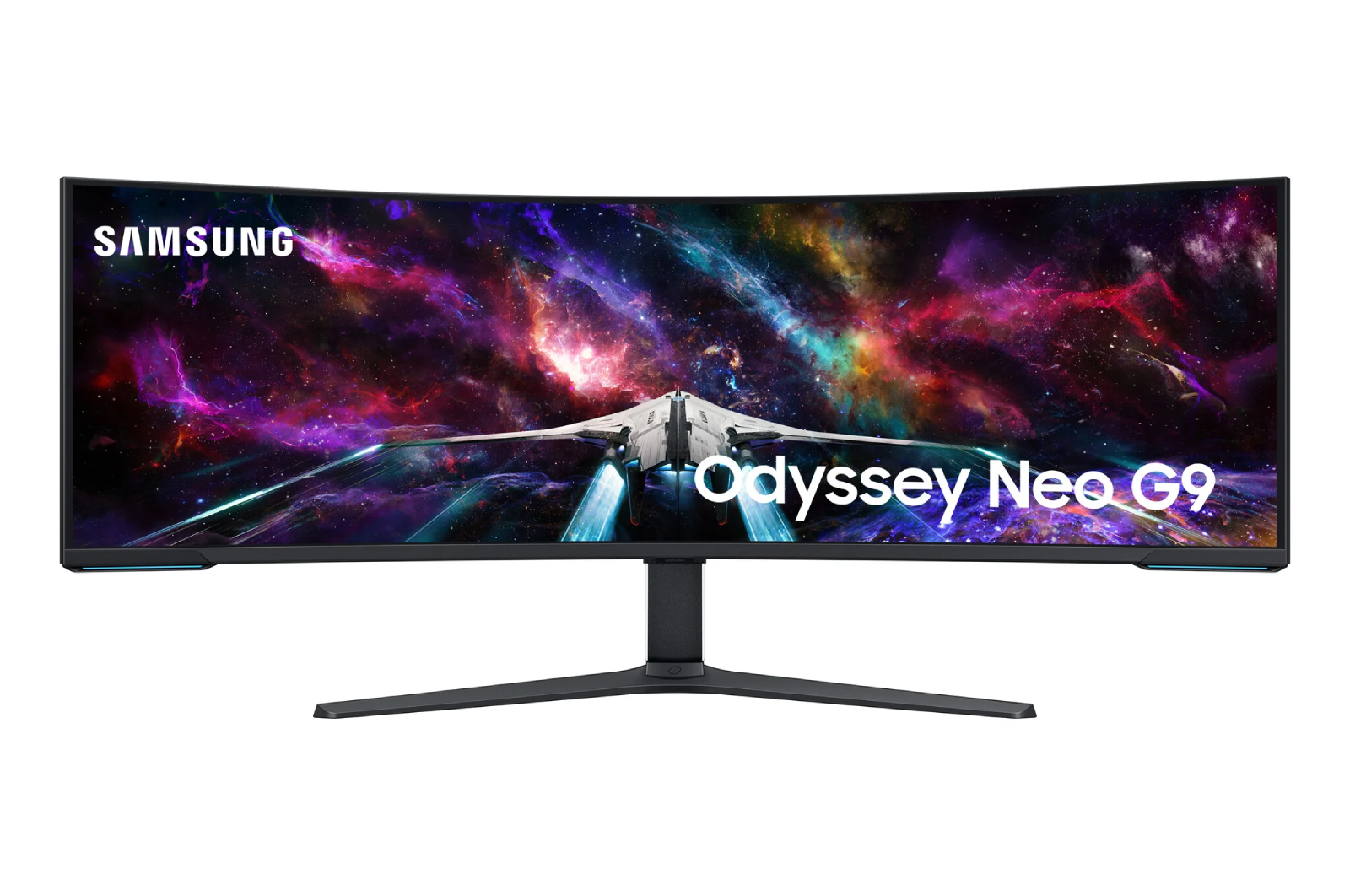 An image of a slightly curved, 57 inch monitor.