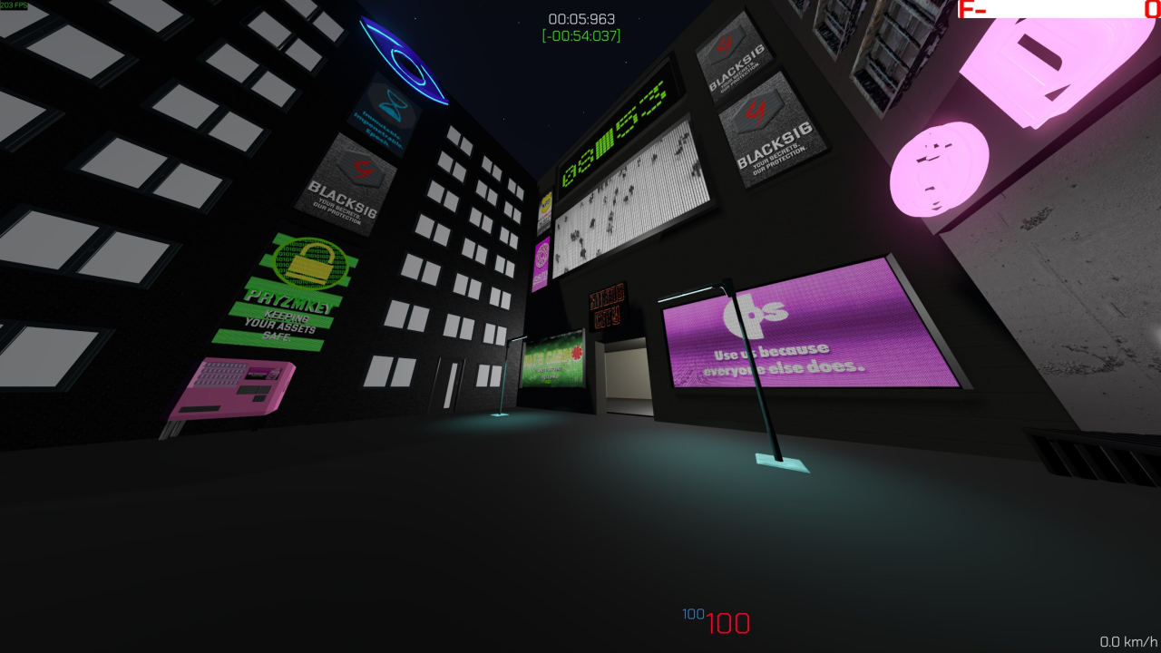 An image showing the billboards inside the game's 3D world. Multiple are visible on the walls, including one displaying the ConformityOS logo. 